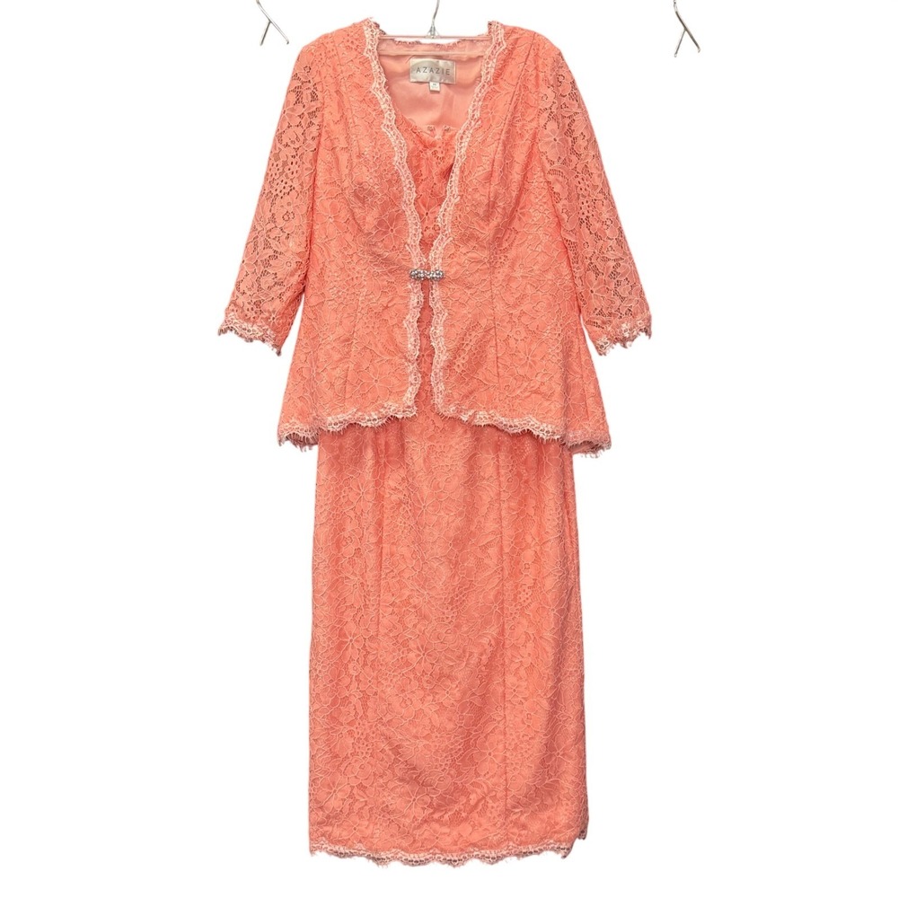 Azazie Coral Peach Pink Lace 2 Pc Dress Jacket Size A6 / 6 Mother Wedding Formal
